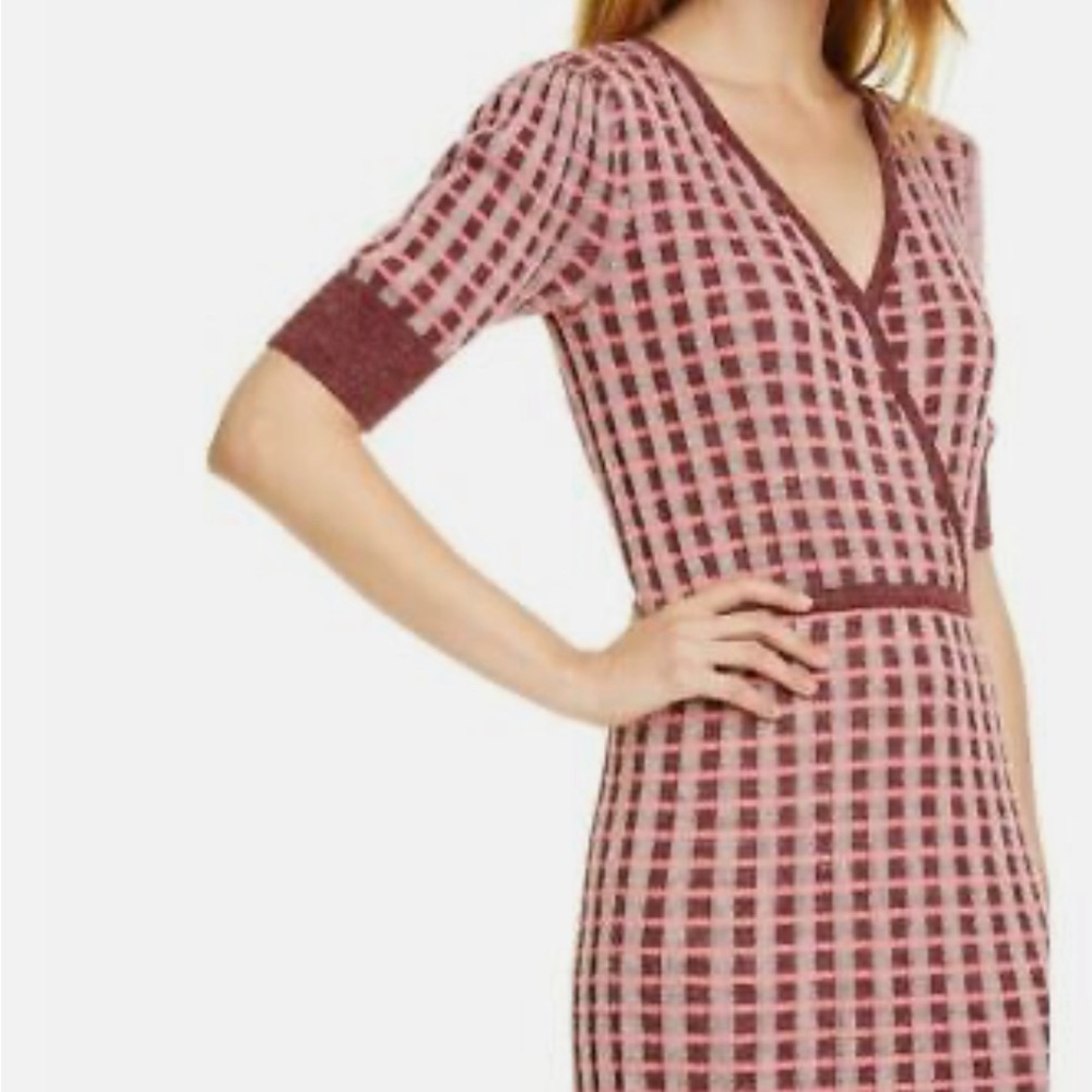KATE SPADE Dress Plaid Faux Wrap Knit Dress Above Knee V Neck